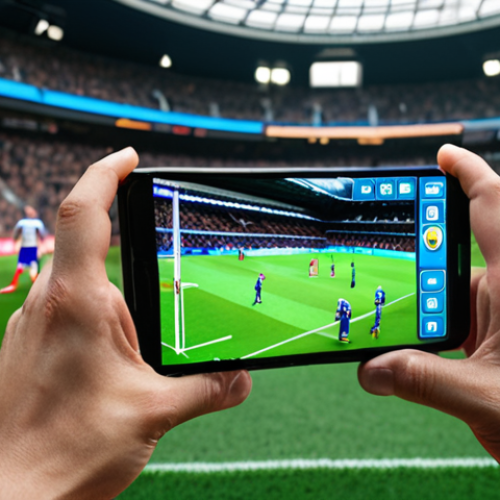 Home 18 **Image Prompt:** A close-up shot of hands holding a smartphone, displaying a vibrant mobile soccer game interface. The game should feature realistic player models and stadium details. The background could be a blurred cityscape, suggesting the user is playing on the go. Action-packed moment with players battling for the ball, capturing the energy of a soccer match.