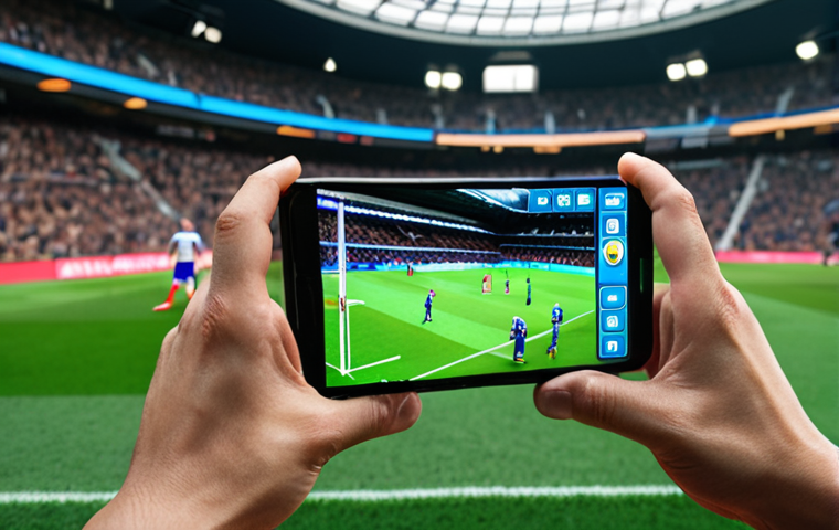 **Image Prompt:** A close-up shot of hands holding a smartphone, displaying a vibrant mobile soccer game interface. The game should feature realistic player models and stadium details. The background could be a blurred cityscape, suggesting the user is playing on the go. Action-packed moment with players battling for the ball, capturing the energy of a soccer match.