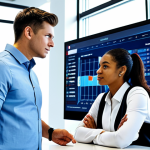 A diverse group of three professional individuals (two men, one woman) in modest business casual attire, gathered around a large monitor in a brightly lit, modern office space. The screen displays complex sports analytics charts, player statistics, and game highlights. One person points to a specific data point, while the others listen intently, some holding tablets showing related information. The room is clean, with contemporary furniture and subtle sports-themed decor. Natural light streams in. Perfect anatomy, correct proportions, natural poses, well-formed hands, proper finger count, natural body proportions, professional photography, high-resolution, sharp focus, professional, modest clothing, appropriate attire, fully clothed, safe for work, appropriate content, family-friendly.