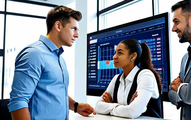 A diverse group of three professional individuals (two men, one woman) in modest business casual attire, gathered around a large monitor in a brightly lit, modern office space. The screen displays complex sports analytics charts, player statistics, and game highlights. One person points to a specific data point, while the others listen intently, some holding tablets showing related information. The room is clean, with contemporary furniture and subtle sports-themed decor. Natural light streams in. Perfect anatomy, correct proportions, natural poses, well-formed hands, proper finger count, natural body proportions, professional photography, high-resolution, sharp focus, professional, modest clothing, appropriate attire, fully clothed, safe for work, appropriate content, family-friendly.