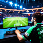 **

A professional esports player, fully clothed in a team jersey, intensely focused on a computer screen during a major tournament. The background shows a large arena with cheering fans and bright lights. Perfect anatomy, correct proportions, well-formed hands, appropriate attire, professional setting, family-friendly. High quality digital art. Safe for work.

**