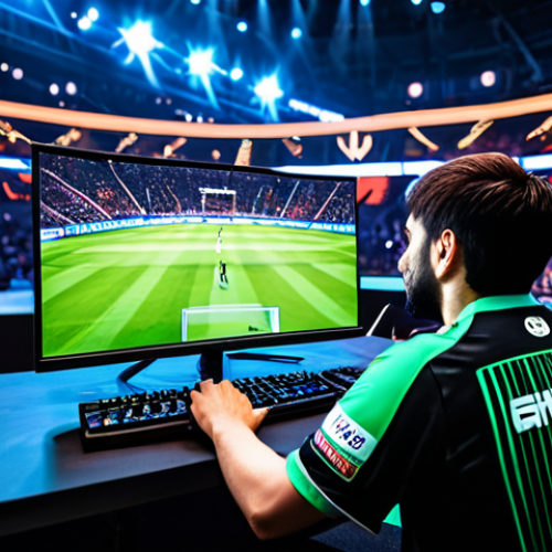 Home 8 **
A professional esports player, fully clothed in a team jersey, intensely focused on a computer screen during a major tournament. The background shows a large arena with cheering fans and bright lights. Perfect anatomy, correct proportions, well-formed hands, appropriate attire, professional setting, family-friendly. High quality digital art. Safe for work.
**