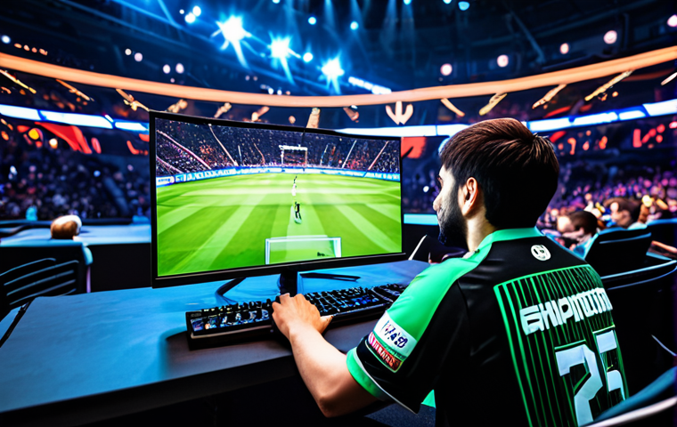 **

A professional esports player, fully clothed in a team jersey, intensely focused on a computer screen during a major tournament. The background shows a large arena with cheering fans and bright lights. Perfect anatomy, correct proportions, well-formed hands, appropriate attire, professional setting, family-friendly. High quality digital art. Safe for work.

**