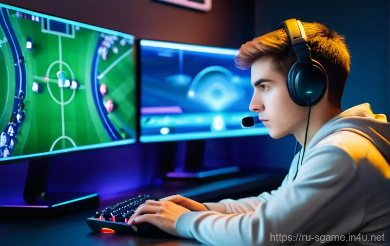 스포츠게임 유저 후기 - **Prompt:** A focused young adult gamer, male or female, sitting in a cozy, modern gaming room, illu...