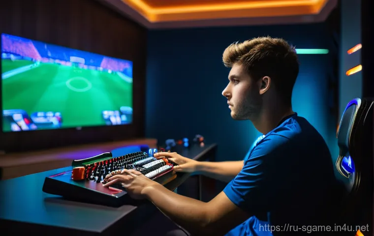 스포츠게임 신규 유저 가이드 - **Prompt 1: The New Player's Journey** A young man, around 18-22 years old, sits in a modern, we...