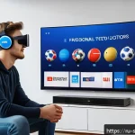 Home 19 스포츠게임 스트리밍 인기 - A modern sports streaming setup showing a young Russian male fan wearing casual clothing and sitting...