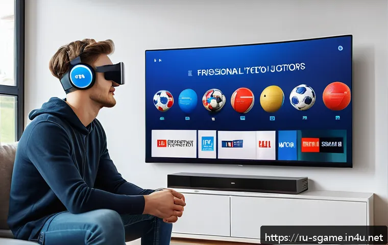 스포츠게임 스트리밍 인기 - A modern sports streaming setup showing a young Russian male fan wearing casual clothing and sitting...