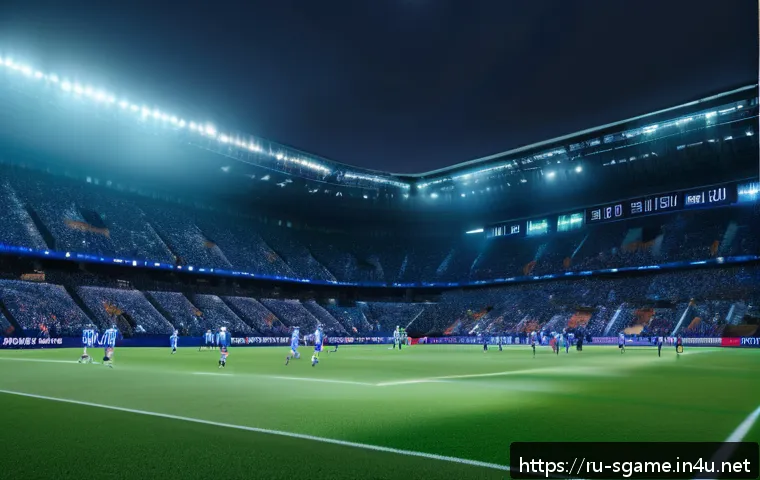 위닝일레븐 최신버전 소개 - Ultra-realistic football stadium during a dynamic Winning Eleven 2024 match, featuring highly detail...
