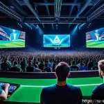 Home 23 스포츠게임 운영사 수익 모델 - A dynamic esports stadium scene filled with excited fans watching a competitive football video game ...