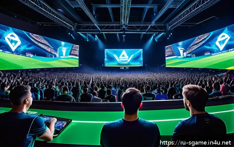 스포츠게임 운영사 수익 모델 - A dynamic esports stadium scene filled with excited fans watching a competitive football video game ...